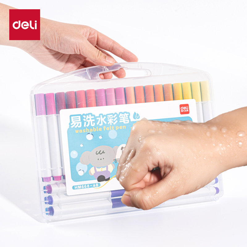 得力HM668-12_PP盒裝三角桿易洗水彩筆(混)(12色/盒)