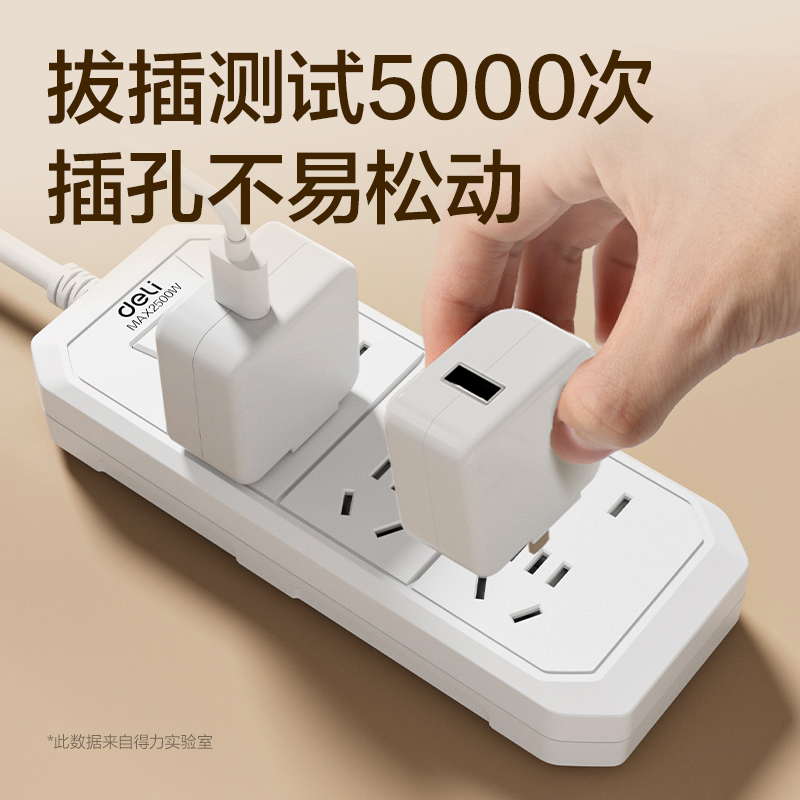 得力LU4033(2.7)延長線插座_3+3_2.7米_PE袋(白)(個)