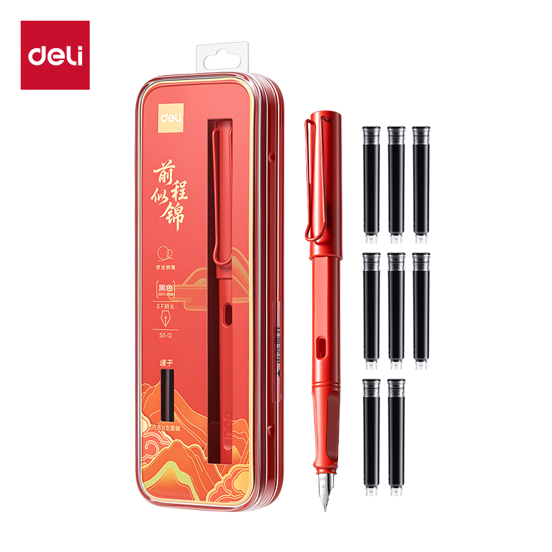 得力S5-Q速干學(xué)生鋼筆EF明尖(黑)(1筆+8墨囊/盒)